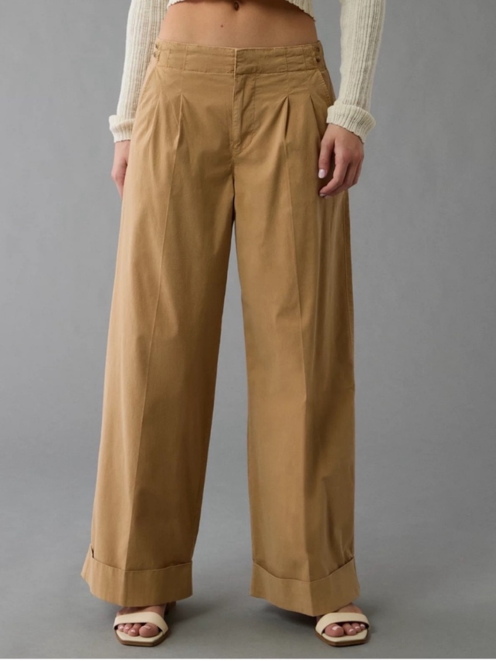 American Eagle Poplin Pull On Wide Leg Pants Camel Lyocell Blend Size 0 NWT